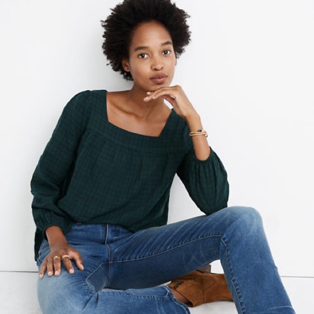 Madewell Plaid Square-Neck Peasant Top